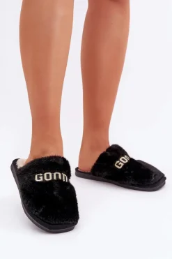 Kapcie Damskie Z Futerkiem I Napisem Czarne Kalelia