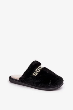 Kapcie Damskie Z Futerkiem I Napisem Czarne Kalelia