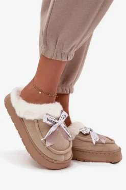 Kapcie Damskie Z Futerkiem I Kokardką Beżowe Fenella