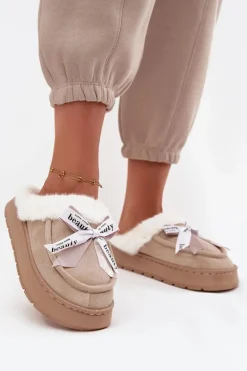 Kapcie Damskie Z Futerkiem I Kokardką Beżowe Fenella