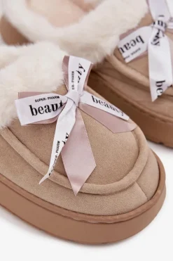 Kapcie Damskie Z Futerkiem I Kokardką Beżowe Fenella