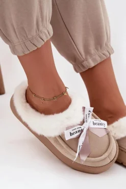 Kapcie Damskie Z Futerkiem I Kokardką Beżowe Fenella