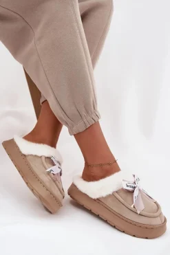 Kapcie Damskie Z Futerkiem I Kokardką Beżowe Fenella