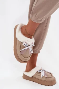 Kapcie Damskie Z Futerkiem I Kokardką Beżowe Fenella