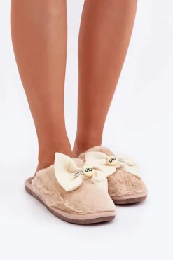 Kapcie Damskie Z Futerkiem I Kokardą Beżowe Olfedi