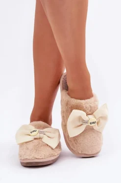 Kapcie Damskie Z Futerkiem I Kokardą Beżowe Olfedi