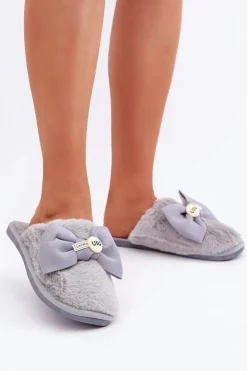 Kapcie Damskie Z Futerkiem I Kokardą Szare Olfedi