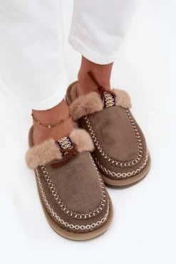 Kapcie Damskie Z Futerkiem I Haftem Zielone Perivelle