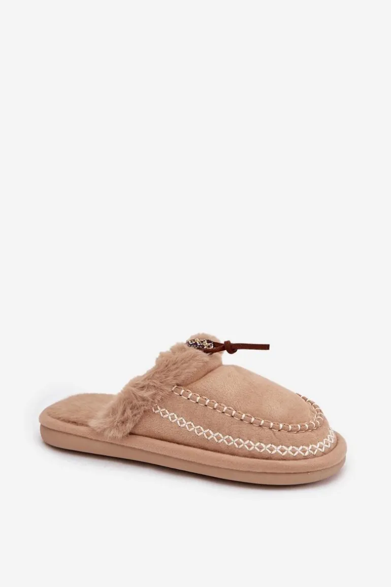 Kapcie Damskie Z Futerkiem I Haftem Beżowe Perivelle