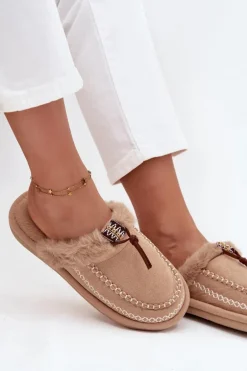 Kapcie Damskie Z Futerkiem I Haftem Beżowe Perivelle