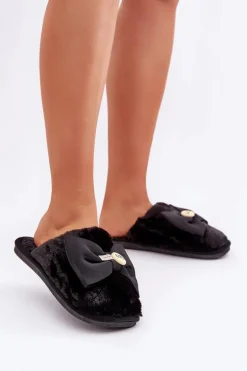 Kapcie Damskie Z Futerkiem I Kokardą Czarne Olfedi