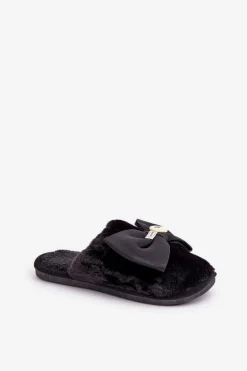 Kapcie Damskie Z Futerkiem I Kokardą Czarne Olfedi