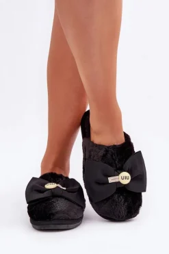 Kapcie Damskie Z Futerkiem I Kokardą Czarne Olfedi