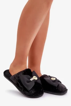 Kapcie Damskie Z Futerkiem I Kokardą Czarne Olfedi