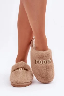 Kapcie Damskie Z Futerkiem I Napisem Brązowe Kalelia
