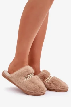Kapcie Damskie Z Futerkiem I Napisem Brązowe Kalelia