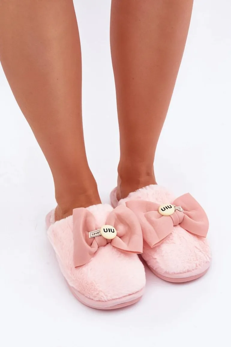 Kapcie Damskie Z Futerkiem I Kokardą Różowe Olfedi