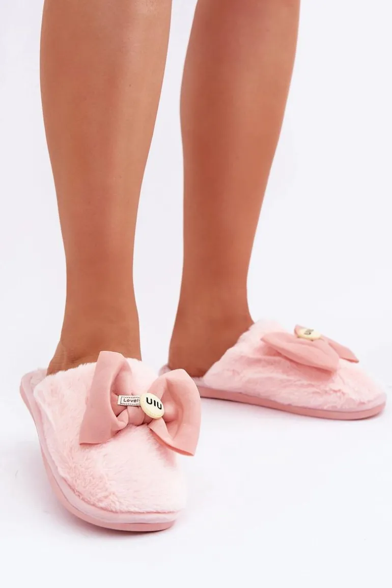 Kapcie Damskie Z Futerkiem I Kokardą Różowe Olfedi