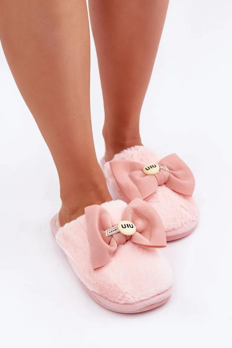Kapcie Damskie Z Futerkiem I Kokardą Różowe Olfedi
