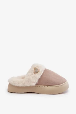 Kapcie Damskie Z Futerkiem I Ozdobnym Sercem Beżowe Otielo