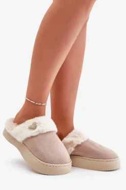 Kapcie Damskie Z Futerkiem I Ozdobnym Sercem Beżowe Otielo