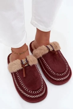 Kapcie Damskie Z Futerkiem I Haftem Bordowe Perivelle