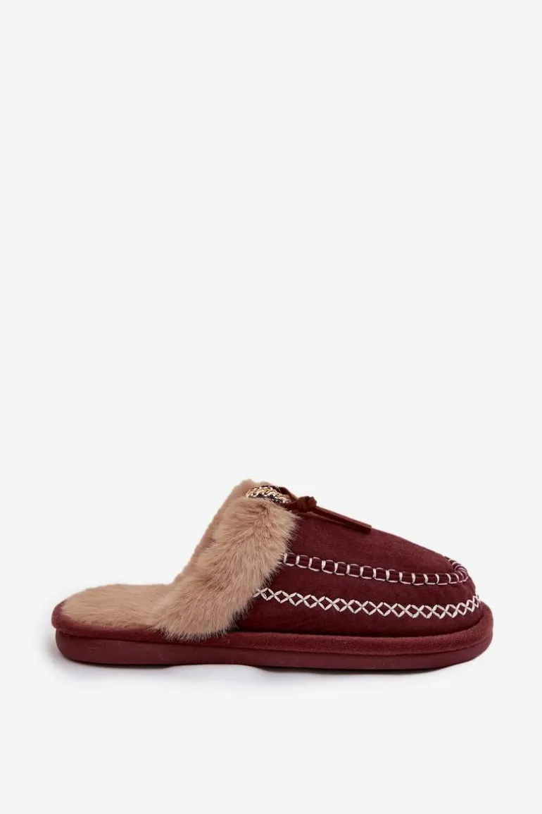 Kapcie Damskie Z Futerkiem I Haftem Bordowe Perivelle