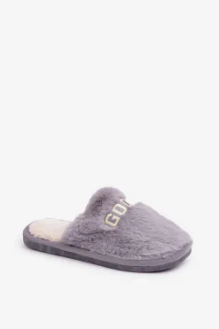 Kapcie Damskie Z Futerkiem I Napisem Szare Kalelia