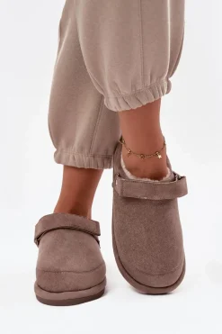 Kapcie Damskie Z Paskiem Ocieplane Futerkiem Ciemnobeżowe Rilena