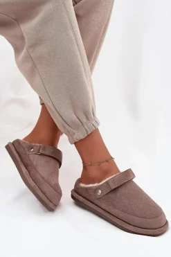 Kapcie Damskie Z Paskiem Ocieplane Futerkiem Ciemnobeżowe Rilena