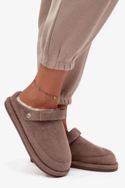 Kapcie Damskie Z Paskiem Ocieplane Futerkiem Ciemnobeżowe Rilena