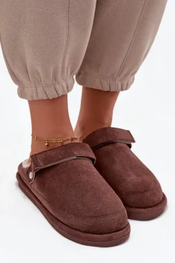 Kapcie Damskie Z Paskiem Ocieplane Futerkiem Czekoladowe Rilena