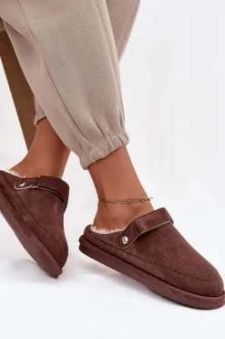 Kapcie Damskie Z Paskiem Ocieplane Futerkiem Czekoladowe Rilena