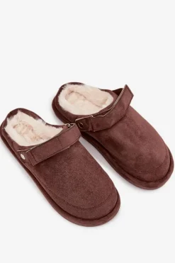 Kapcie Damskie Z Paskiem Ocieplane Futerkiem Czekoladowe Rilena