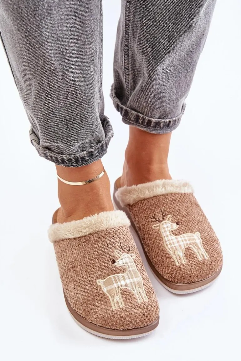 Kapcie Damskie Z Reniferem I Futerkiem Inblu CT000034 Beżowe