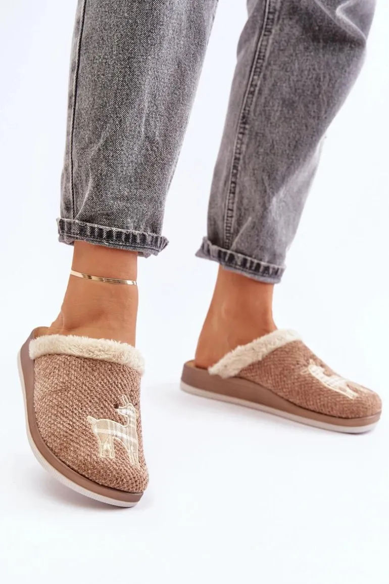 Kapcie Damskie Z Reniferem I Futerkiem Inblu CT000034 Beżowe