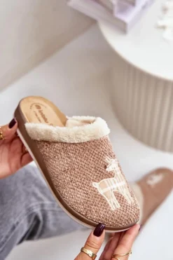 Kapcie Damskie Z Reniferem I Futerkiem Inblu CT000034 Beżowe