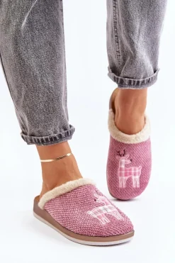 Kapcie Damskie Z Reniferem I Futerkiem Inblu CT000034 Różowe