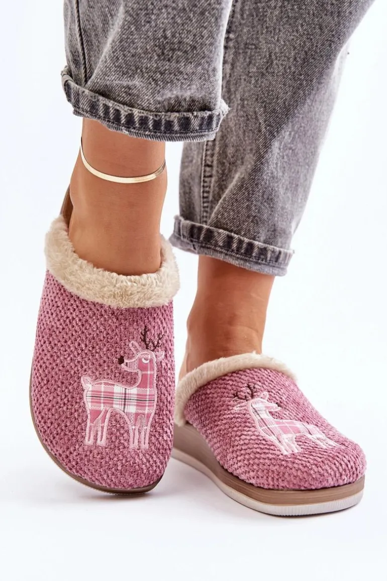 Kapcie Damskie Z Reniferem I Futerkiem Inblu CT000034 Różowe
