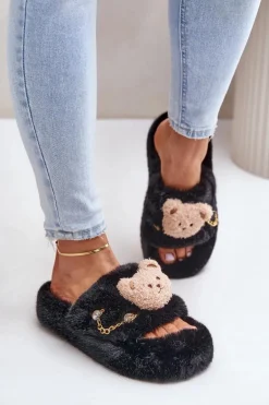 Kapcie Futrzane Damskie Z Misiem I Ozdobnymi Elementami Czarne Innalise