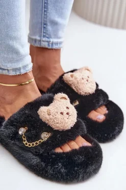 Kapcie Futrzane Damskie Z Misiem I Ozdobnymi Elementami Czarne Innalise