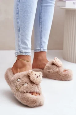 Kapcie Futrzane Damskie Z Misiem I Ozdobnymi Elementami Beżowe Innalise