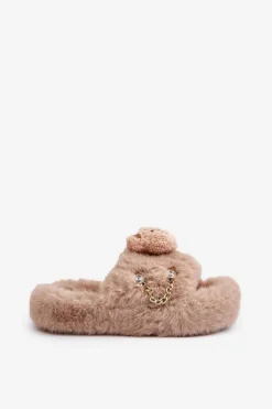 Kapcie Futrzane Damskie Z Misiem I Ozdobnymi Elementami Beżowe Innalise