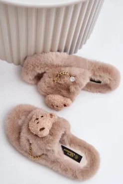 Kapcie Futrzane Damskie Z Misiem I Ozdobnymi Elementami Beżowe Innalise