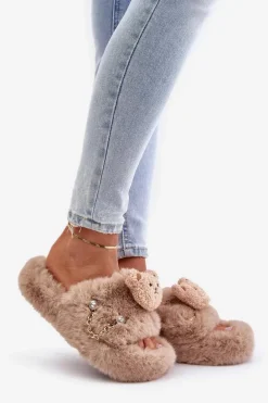 Kapcie Futrzane Damskie Z Misiem I Ozdobnymi Elementami Beżowe Innalise