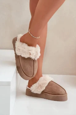 Kapcie Śniegowce Damskie Na Grubej Podeszwie Z Futerkiem Ciemnobeżowe Doriola