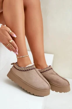 Kapcie Śniegowce Na Platformie Z Haftem Ciemnobeżowe Tamilda