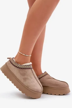 Kapcie Śniegowce Na Platformie Z Haftem Ciemnobeżowe Tamilda