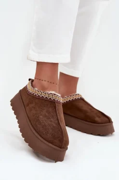 Kapcie Śniegowce Na Platformie Z Haftem Brązowe Tamilda