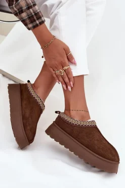 Kapcie Śniegowce Na Platformie Z Haftem Brązowe Tamilda